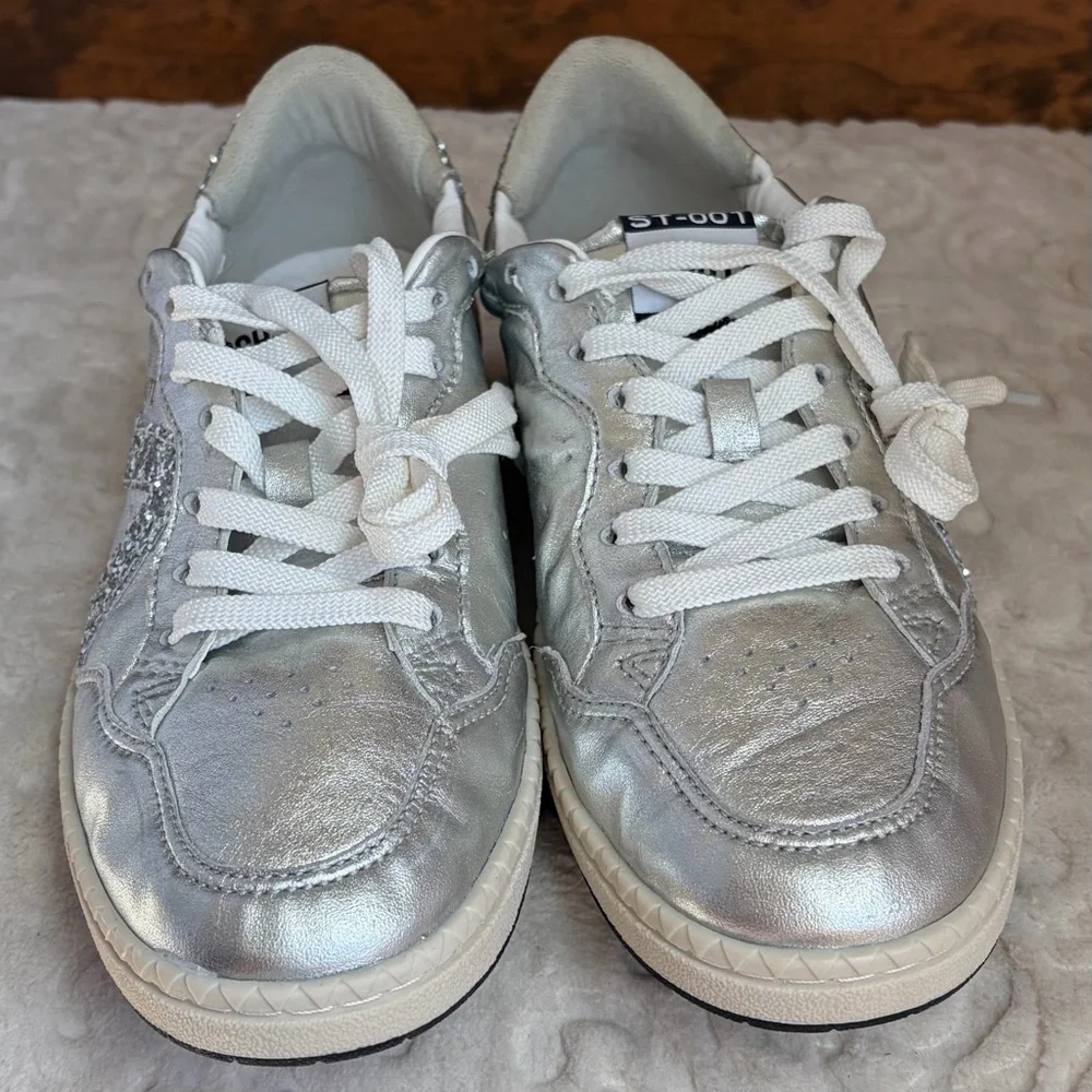 Schutz ST-001 Metallic Silver Glitter Leather Sneakers Women 7.5 Low Top Lace Up